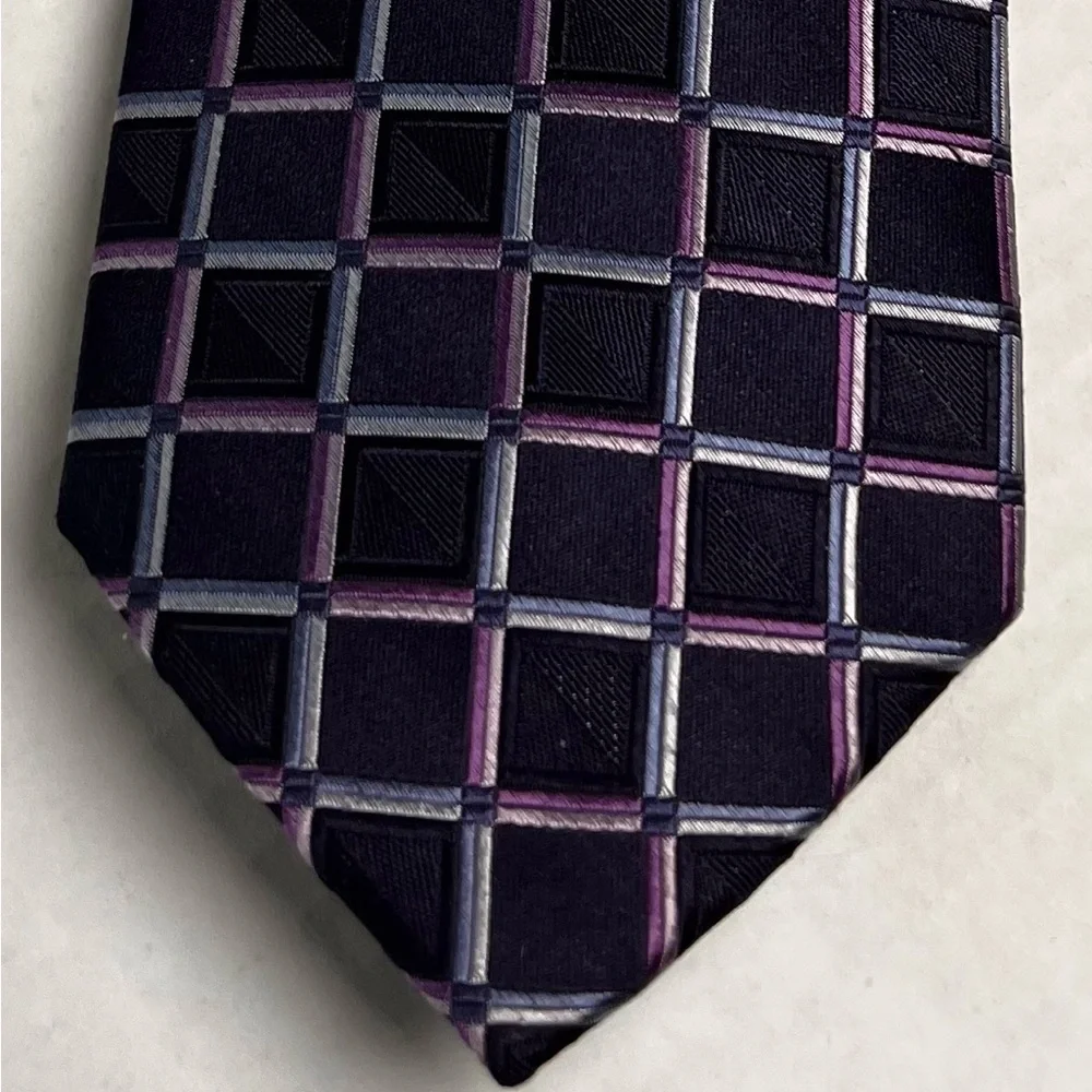 Michael Kors men's necktie black‎ with colorful squares of pink purple and blue